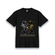 【昇運・守護・縁結びの京都一筆龍】 龍神御加護の絵画Tシャツゴシック体【守護黒金銀双龍】